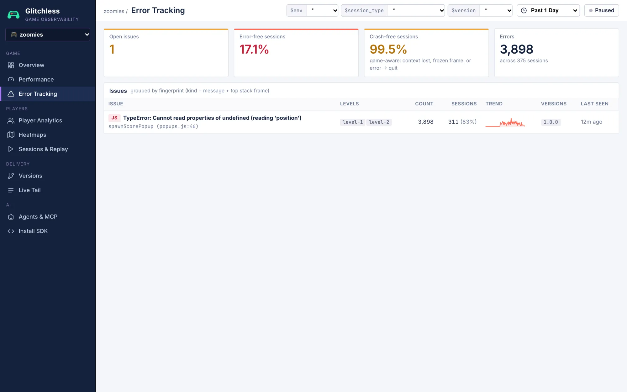 The Error Tracking page: errors grouped into issues with how many sessions each one hit