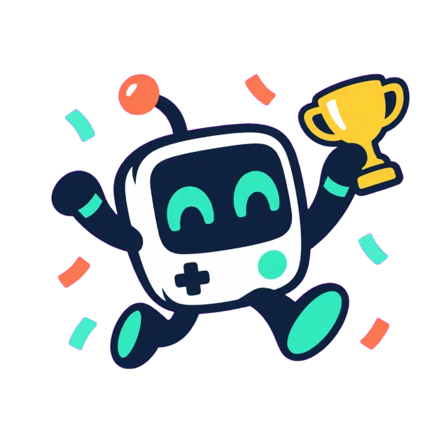 Glitchy, the Glitchless robot, jumps with a trophy in confetti