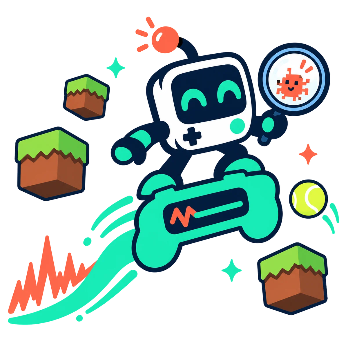Glitchy, the Glitchless robot, rides a game controller and catches a bug with a magnifying glass. Behind it, a ribbon of lag spikes smooths into a steady wave.